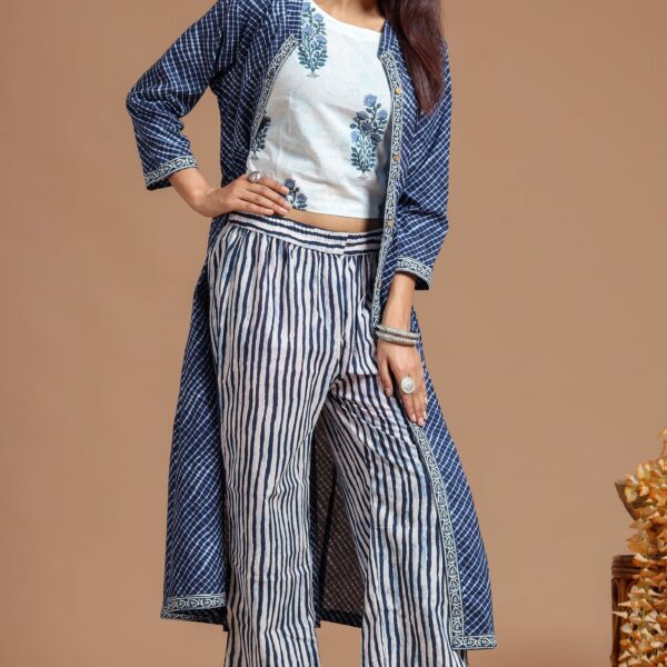 Women's Printed Long Shrug with Crop Top & Striped Pant Set