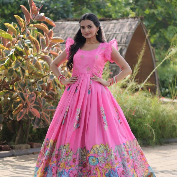 Pink Dola Silk Designer Gown ? Sleeveless Fancy Round Neck Printed Women?s Dress