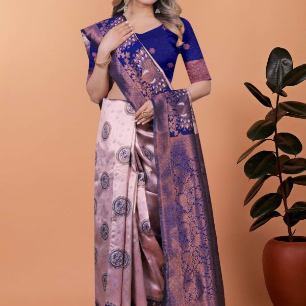 Royal Enchant Banarasi Silk Saree ? Lavender Silver with Peacock Zari Pallu