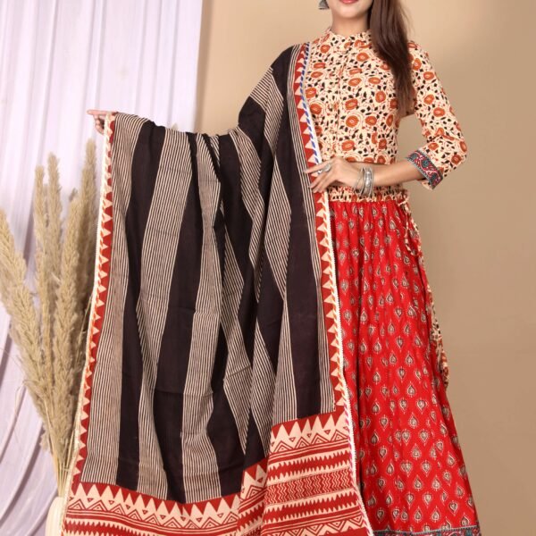 Women’s Red Cotton Printed Lehenga Choli Dupatta Set