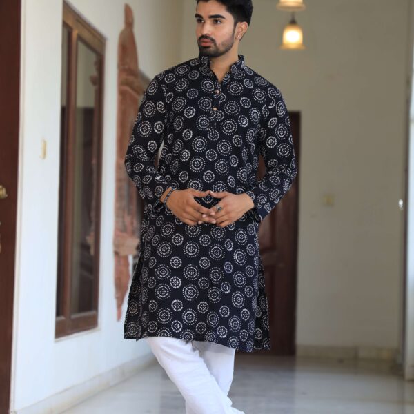 Mens Black Printed Cotton Kurta with White Pajama ? Trendy Festive & Casual Wear