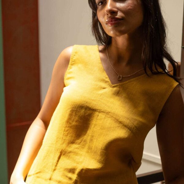 Women's Cotton Solid V Neck Sleeveless 2 Piece Outfit Loose Tank Top and Wide Leg Palazzo Pants Sets cord set ( Yellow )