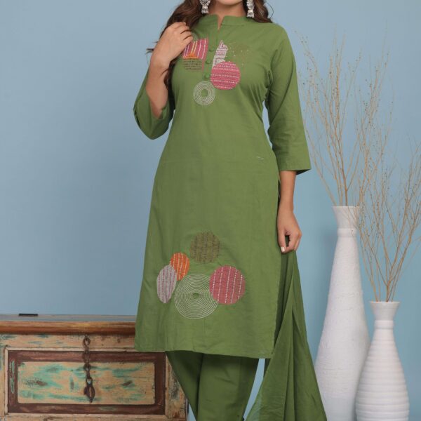 Women's Cotton Embroidery Straight Kurti With Pant Set