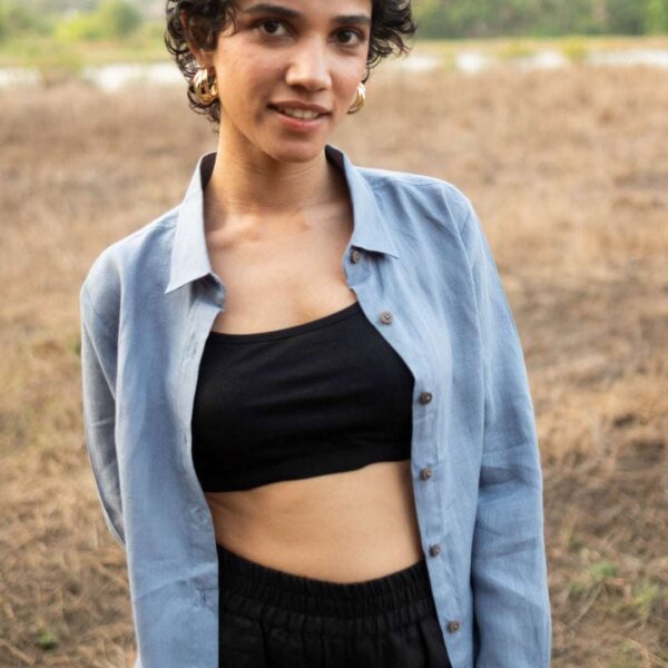 Women's Cotton Solid Pain Straight Shirt With Wide Leg Palazzo Pant Casual Summer Collection Cord Set( Grey Black )