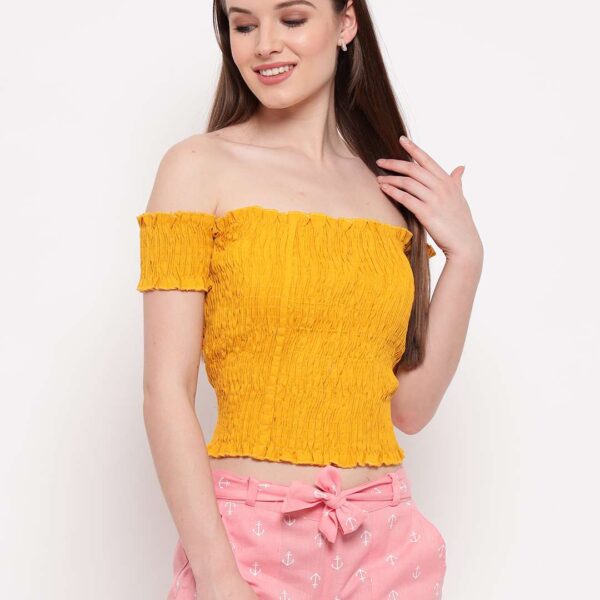 Women's Rayon Solid Off-Shoulder Smocked Crop Top Short Sleeve Casual Styles Tank Top (FREE SIZE) Multi24