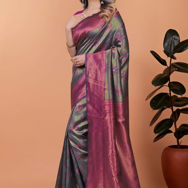 Royal Radiance Deep Olive Green & Magenta Banarasi Silk Saree with Zari Work | Wedding, Puja & Festive Occasion Wear