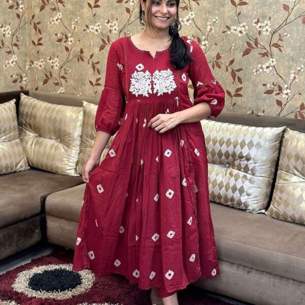 Women's Cotton Printed Long Anarkali Kurti With Pant