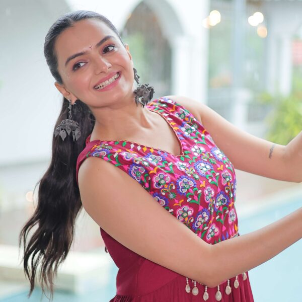 Maroon Elegant Kutchi Embroidered Frill Gown ? Perfect for Navratri Celebrations