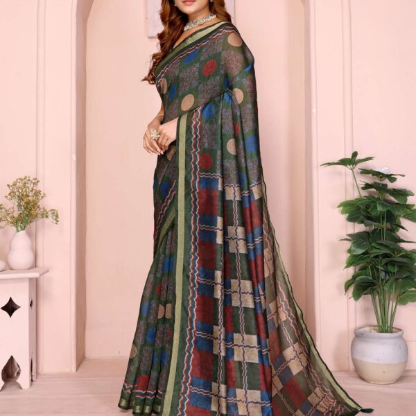 Dark Green Multicolor Checkered Black Chanderi Saree ? Circular & Floral Digital Prints with Tassels