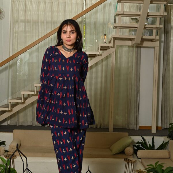 Navy Blue Printed Block Print Cotton Co-ord Set for Women ? Peplum Kurta with Straight Pants