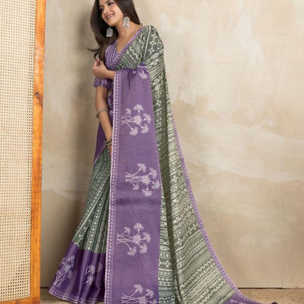 Elegant Teal Green and Mauve Pink Linen Saree with Geometric and Floral Prints