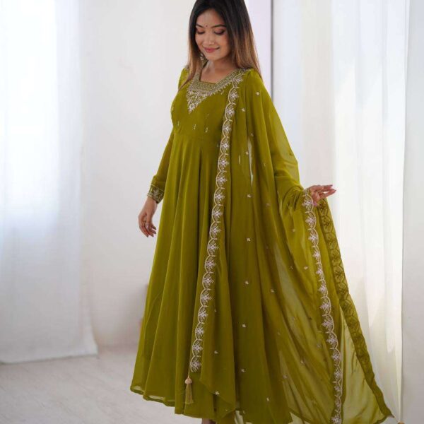 Womens Crunchy Silk Anarkali Kurti with Pant & Dupatta Set