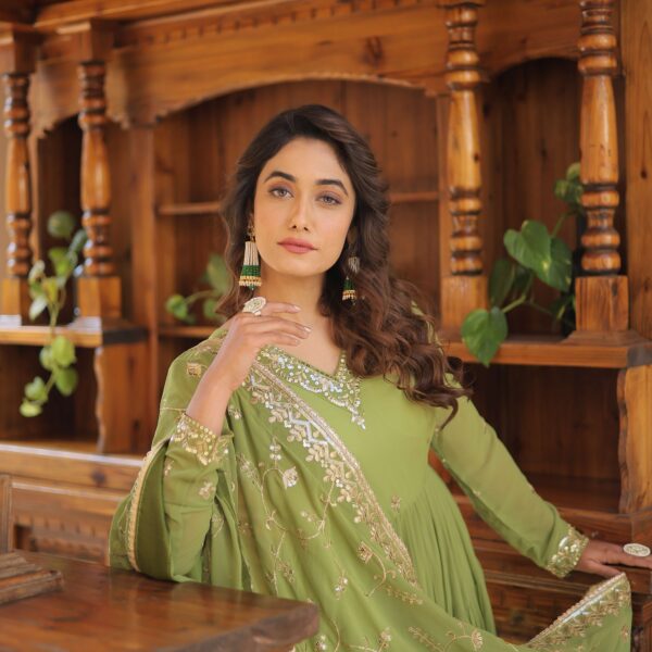 Green Faux Georgette Designer Gown with Sequined Dupatta ? Fully Flared Elegant Ready-to-Wear Set
