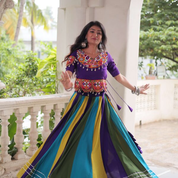 Multicolor Roman Fabric Navratri Lehenga Choli Set with Mirror & Gota Lace