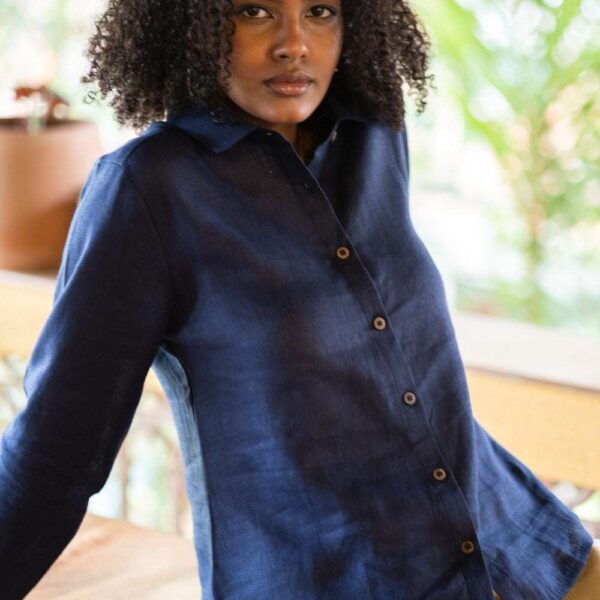 Women's Cotton Solid Pain Straight Shirt With Wide Leg Palazzo Pant Casual Summer Collection Cord Set( Navy Blue )