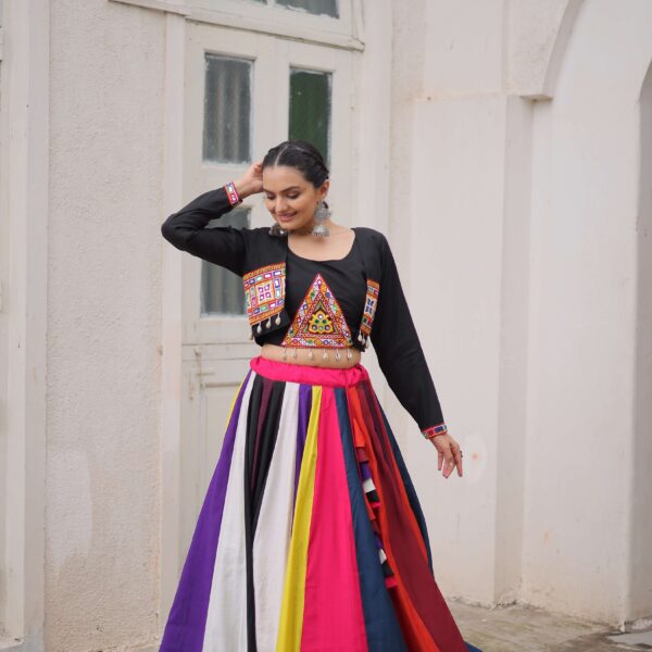 Multicolor Roman Fabric Navratri Lehenga Choli Set with Mirror & Gota Lace
