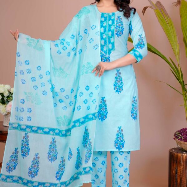 Women's Light Blue Cotton Printed Straight Kurti with Pant & Dupatta Set