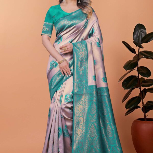 Light Lavender & Teal Green Banarasi Silk Saree with Antique Gold Zari | Wedding, Festival & Traditional Ethnic Wear