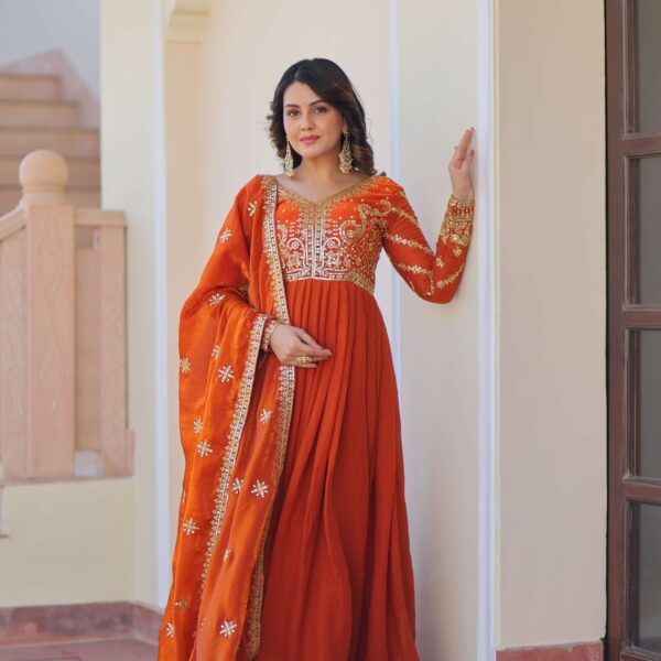 Orange Premium Fendy Fabric Gown with Sequins-Multi Embroidered Dupatta ? Elegant Partywear