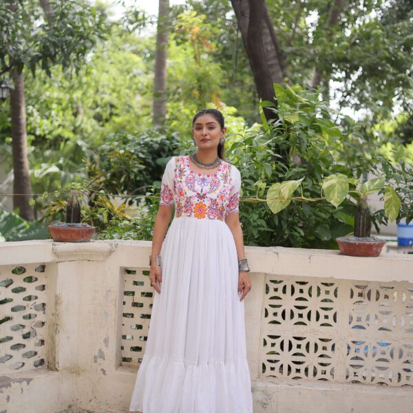 White Reyon Navratri Gown with Kutchi Gamthi Embroidery & Gathering Frill ? Elegant Ethnic Wear for Women