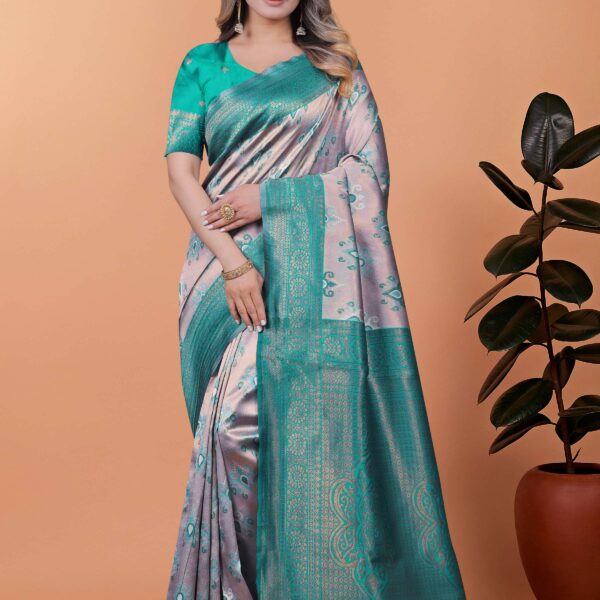 Mint Royale Banarasi Silk Saree in Silvery Grey & Mint Green with Floral Zari Work | Wedding, Day Functions & Festive Wear