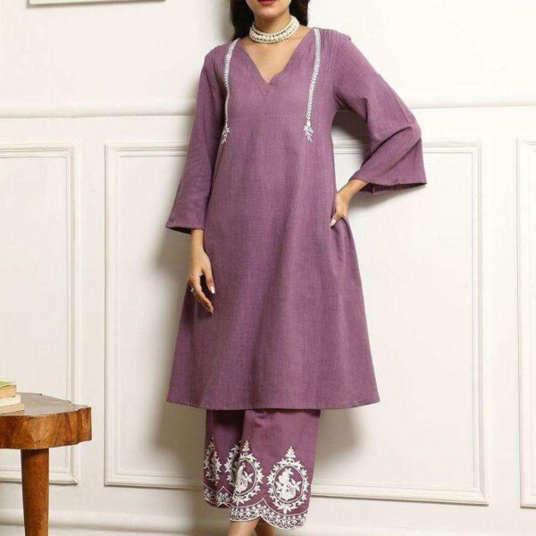 Women's Cotton Embroidered Straight Kurta & Pant With Dupatta Set (Purple)