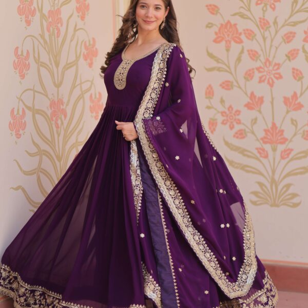 Purple Premium Faux Blooming Gown with Zari & Sequins Embroidered Dupatta ? Designer Collection