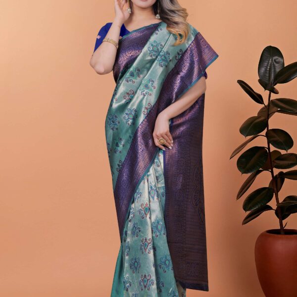 Emerald Twilight Banarasi Silk Saree in Deep Green & Royal Blue with Zari Butta Work | Evening, Festive & Cultural Wear