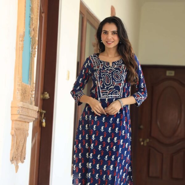 Women?s Navy Blue Cotton Kurta Set with Pants ? Paisley Yoke & Printed Ethnic Wear