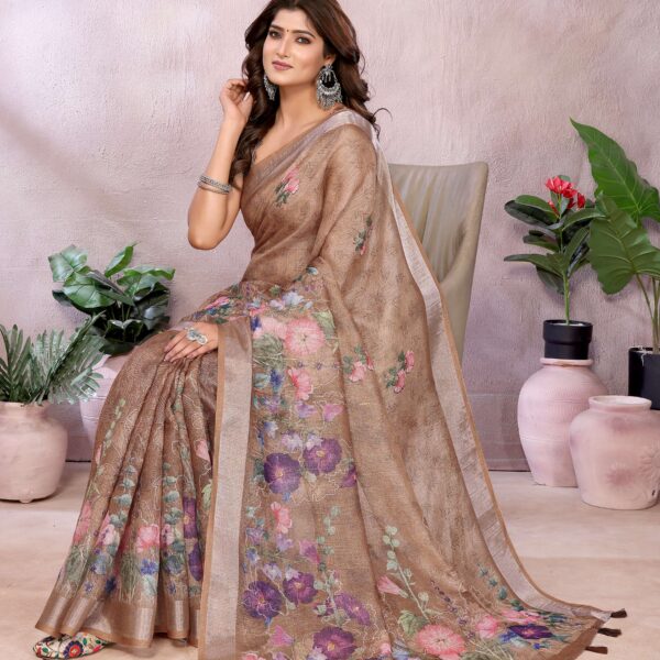 Coffee Brown Floral Linen Shimmer Saree ? Elegant Festive & Wedding Wear