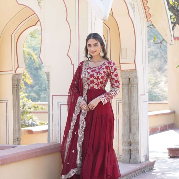 Maroon Faux Blooming Designer Gown with Sequined Dupatta ? Fully Flared Elegant Ready-to-Wear Set