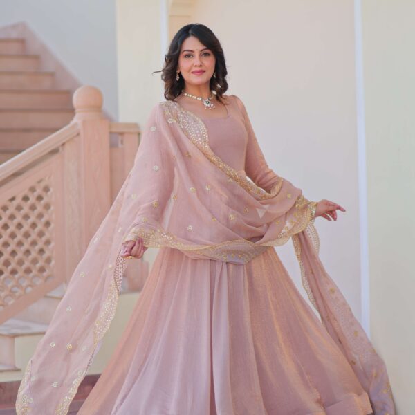 Chiku Premium Fendy Chiffon Gown with Sequins & Zari Embroidered Dupatta ? Elegant Partywear