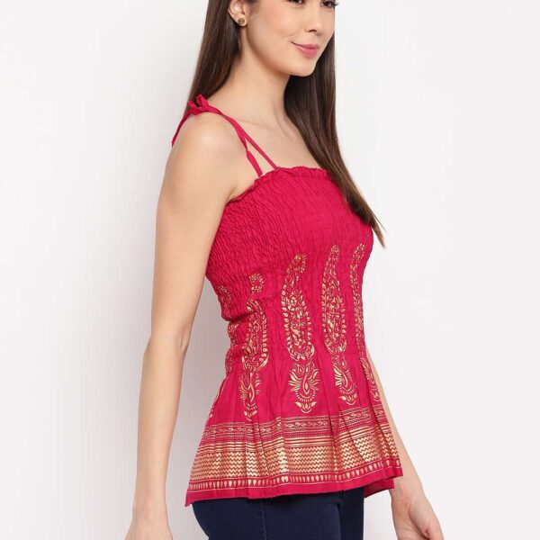 Women's Rayon Printed Casual Summer Style Tie Shoulder Straps Free Size Tank Top ( Maroon Gold Pattern)