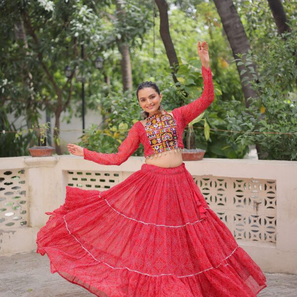 Faux Georgette Bandhej Frilled Navratri Lehenga Choli Set