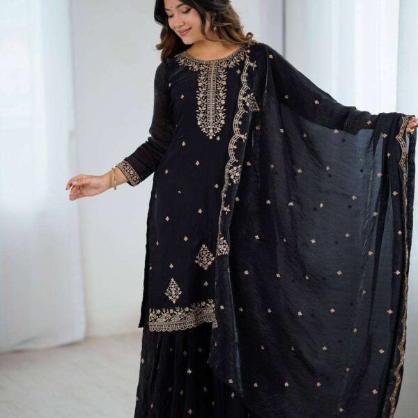 Women's Pure Romansilk Chanderi Embroidered Kurti With Sharara & Dupatta Set