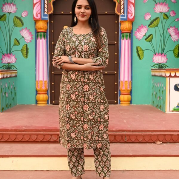 Olive Green Cotton Kurta Set for Women ? Peach Floral Print with Geometric Pattern Pants