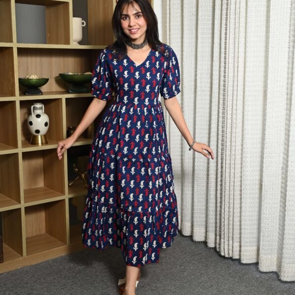 Navy Blue Floral Printed Cotton Anarkali Maxi Dress with Puff Sleeves Elegant Casual Wear
