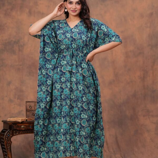 Women's Blue Cotton Floral Printed Kaftan Dress with Drawstring Waist