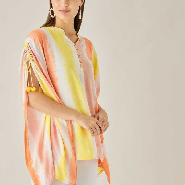 Women's Cotton Tie Dye Print Knee Length Mock Neck, Long Sleeve Kaftan Drees ( Multicolor )