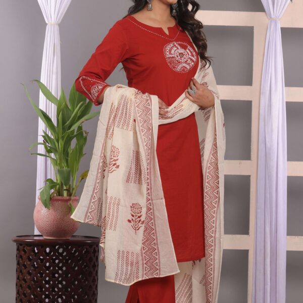 Women's Cotton Embroidery Straight Kurti With Pant Set