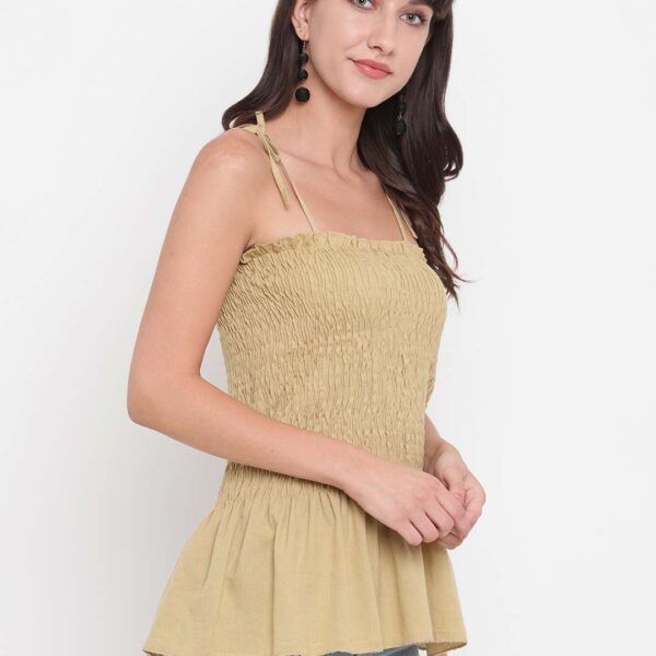 Women's Rayon Solid Casual Summer Style Tie Shoulder Straps Free Size Tank Top (Beige)
