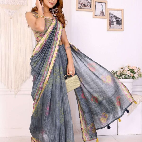 Grey Floral Printed Chanderi Saree with Contrast Border ? Elegant Festive & Traditional Wear