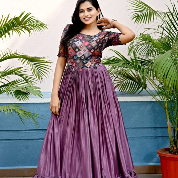 Purple Premium Chinnon Designer Gown with Sequins & Position Print ? Elegant Ready-to-Wear Dress