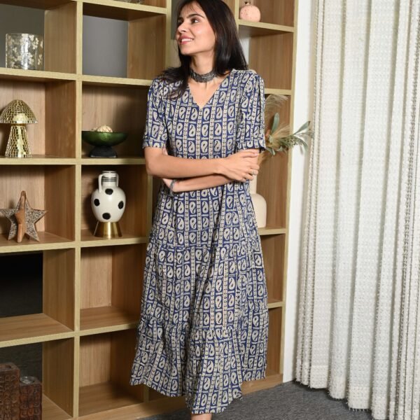 Navy Blue Floral Printed Cotton Anarkali Maxi Dress with Puff Sleeves Elegant Casual Wear