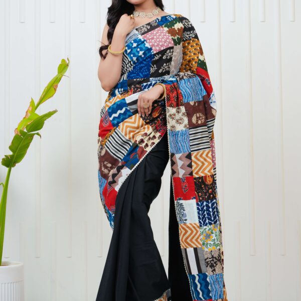 Women's Multicolor Patchwork Printed Saree with Black Base Blouse Piece Trendy Ethnic Wear