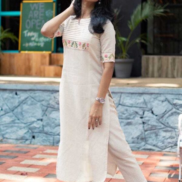 Women's Cotton Embroidered Straight Kurta with Palazzo (White)