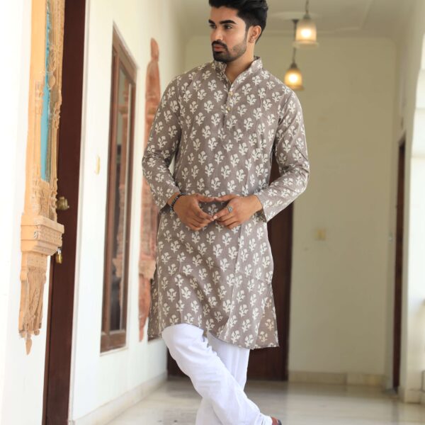 Mens Grey Printed Cotton Kurta with White Pajama ? Traditional Ethnic Wear for Festive & Wedding