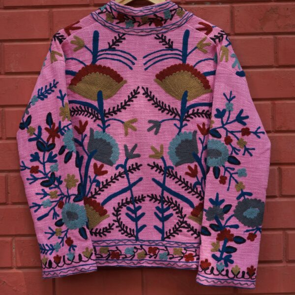 Womens Pink Velvet Embroidered Jacket with Floral Design