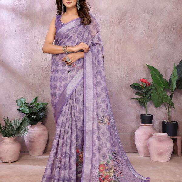 Lavender Floral Linen Shimmer Saree ? Elegant Festive & Wedding Wear