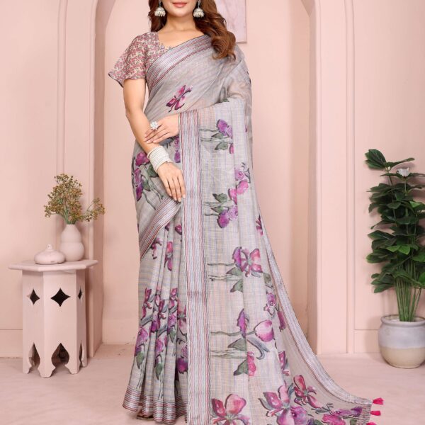 Soft Grey Linen Cotton Saree with Purple Floral Prints & Striped Tassel Border